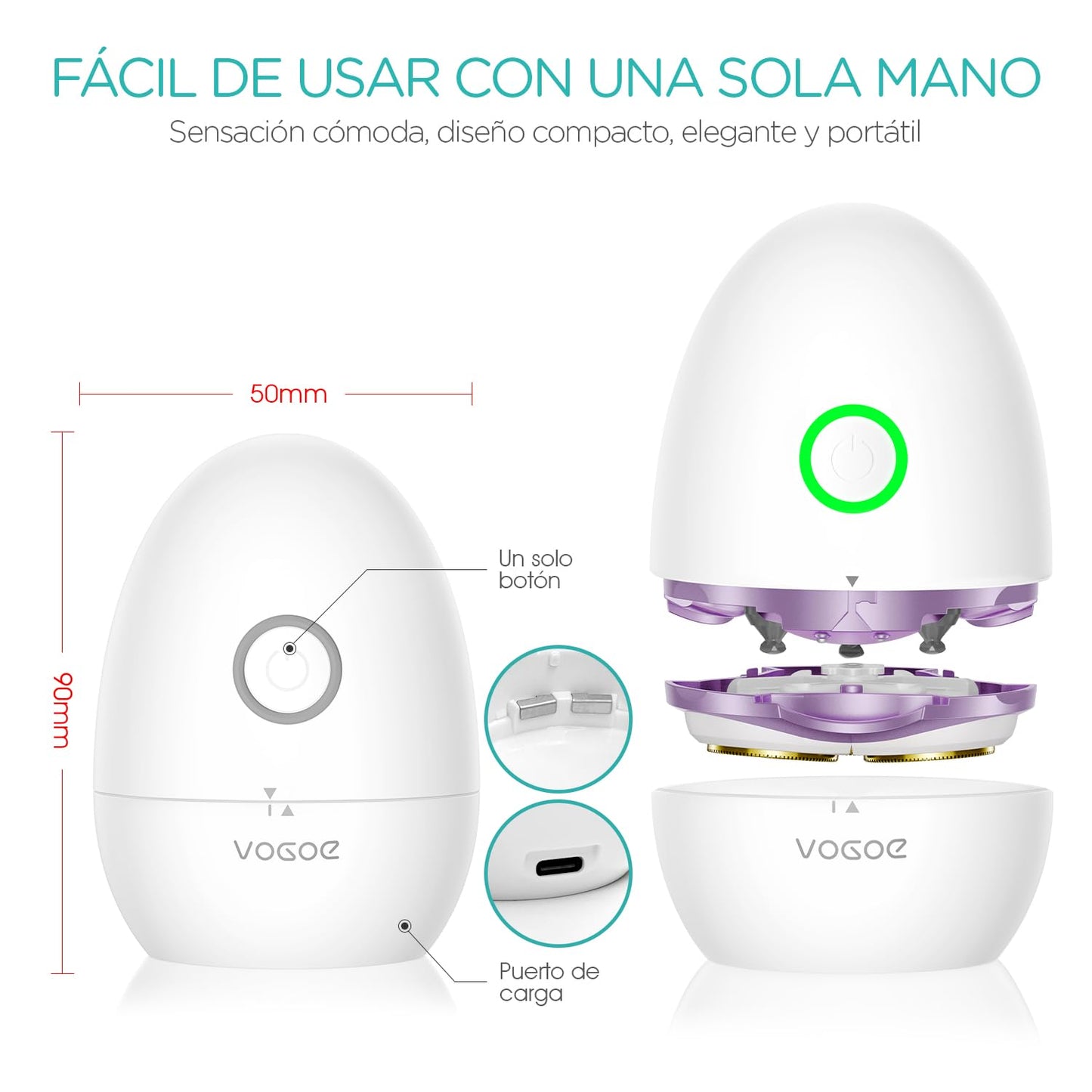 VOGOE Afeitadora Eléctrica Mujer con Cabezal Flotante 3D, Cuchilla Autoafilable y Recargable –Rasuradora Mujer para Piernas, Axilas, Cuerpo, Bikini y Rostro–Para Uso en Seco o en la Ducha Morado ES300
