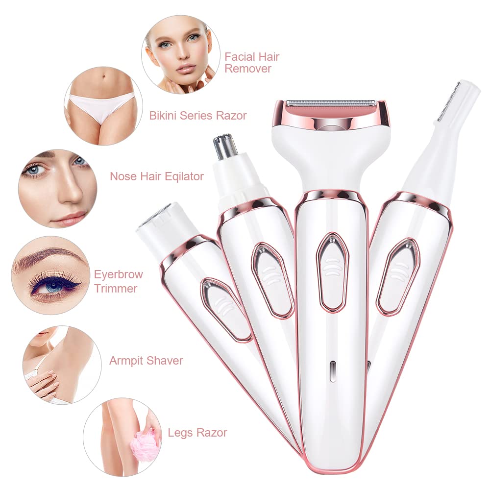 ACWOO Afeitadora Eléctrica para Mujer, 4 in 1 USB Recargable Eléctrico Depiladora sin Dolor, Recortadora Femenina Electrica Impermeable, Rasuradora Mujer para Cara, Nariz, Axilas, Piernas, Bikini