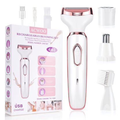 ACWOO Afeitadora Eléctrica para Mujer, 4 in 1 USB Recargable Eléctrico Depiladora sin Dolor, Recortadora Femenina Electrica Impermeable, Rasuradora Mujer para Cara, Nariz, Axilas, Piernas, Bikini