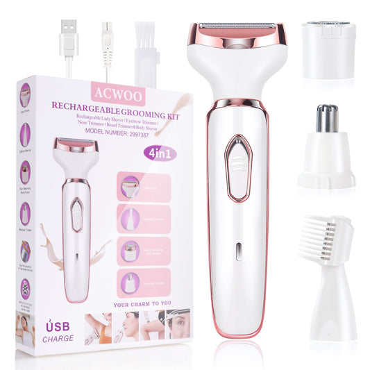 ACWOO Afeitadora Eléctrica para Mujer, 4 in 1 USB Recargable Eléctrico Depiladora sin Dolor, Recortadora Femenina Electrica Impermeable, Rasuradora Mujer para Cara, Nariz, Axilas, Piernas, Bikini