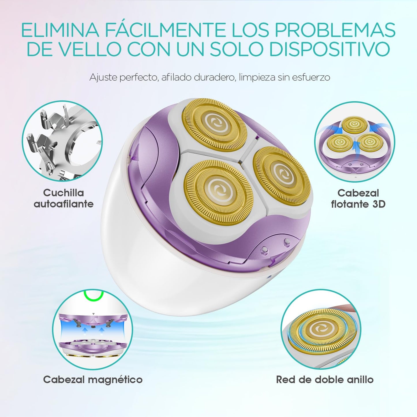 VOGOE Afeitadora Eléctrica Mujer con Cabezal Flotante 3D, Cuchilla Autoafilable y Recargable –Rasuradora Mujer para Piernas, Axilas, Cuerpo, Bikini y Rostro–Para Uso en Seco o en la Ducha Morado ES300