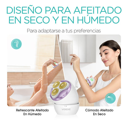 VOGOE Afeitadora Eléctrica Mujer con Cabezal Flotante 3D, Cuchilla Autoafilable y Recargable –Rasuradora Mujer para Piernas, Axilas, Cuerpo, Bikini y Rostro–Para Uso en Seco o en la Ducha Morado ES300